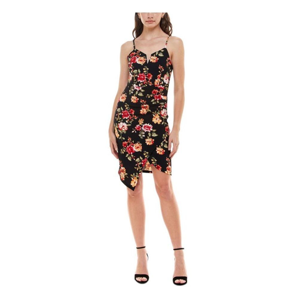 ALMOST FAMOUS Womens Dress Black Lined Asymmetrical Faux-wrap Hem Juniors XXS